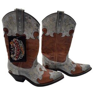 Rockin Country Cowboy Boots Cowgirl Brown Blue Leather Embroidered Women's 6.5 W